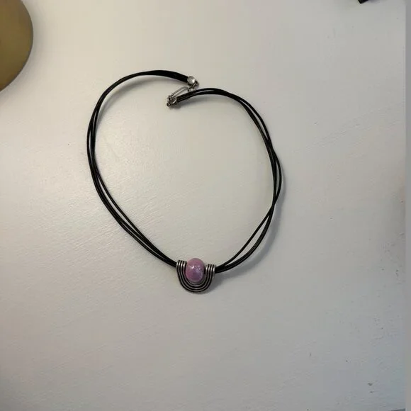 Purple and Silver Stone Black Chord Necklace - Picture 3 of 3
